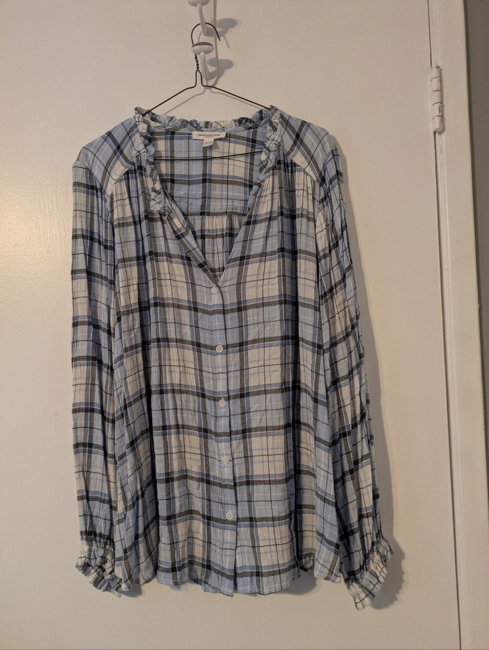 beachlunchlounge Light Blue and White Plaid Ruffle Collar Button-Down Top